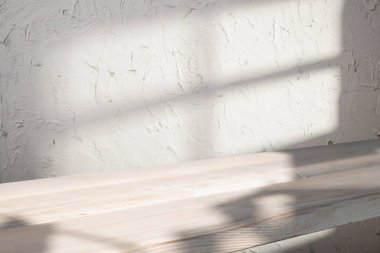 Soyut minimum doğa sahnesi - boş sahne ve bej arka planda beyaz daire podyumu ve ağaç yapraklarının yumuşak gölgeleri. Kozmetik ürün ve ambalaj modelleme sunumu için kaldırım taşı. Yüksek