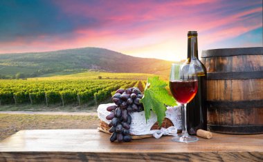 Kırmızı şarap şişesi ve yün fıçıda şarap kadehi. Güzel Toskana geçmişi. Yüksek kalite fotoğraf