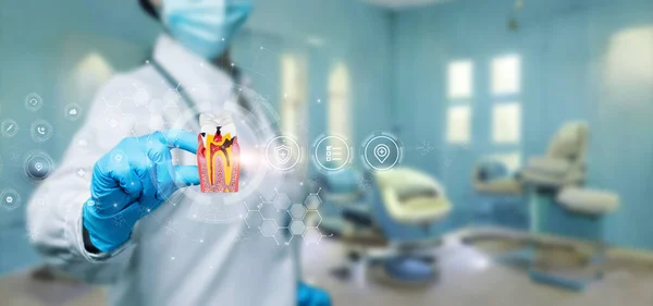Médico Muestra Enfermedades Dentales Pantalla Del Ordenador Virtual —  Fotos de Stock