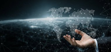 Sanal bir dünya haritasında küresel iş yerleri kavramı.