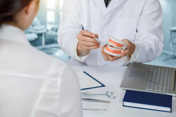 Tandläkare Protes Konsultera Patient Kontoret Visar Modell Tänder — Stockfoto