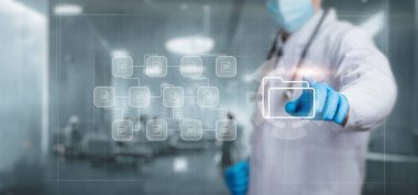 Doctor working with documents case histories on a virtual computer screen.