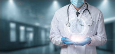 Doctor showing checklist icon on blurred background.