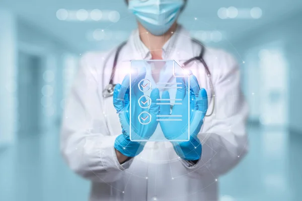 Medical worker showing checklist on blurred background.