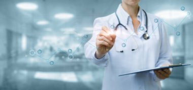 Doctor produce statistics during a virus epidemic on a virtual screen.