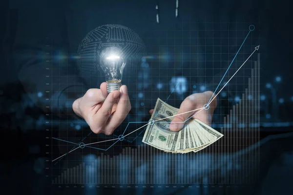 Concept Idea Income Them Businessman Shows Light Bulb Stack Money — Stock Photo, Image