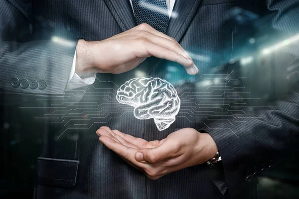 Concepto Protección Inteligencia Artificial Empresario Protege Cerebro Con Gesto —  Fotos de Stock