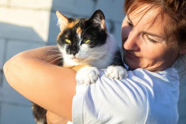Bir inşaat alanının arka planında evcil hayvan tutan bir kadın..