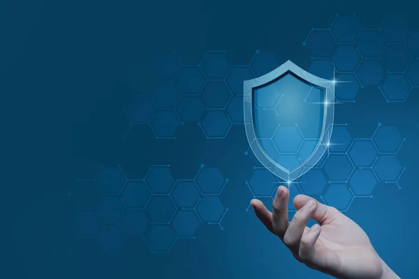 Concept of system protection and security. Hand shows a shield on a blue background.