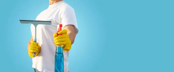 Cleaning Lady Window Cleaning Spray Scraper Blue Background — Stock Photo, Image