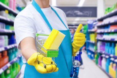 Ev temizliği için temizlik ürünleri satma kavramı.