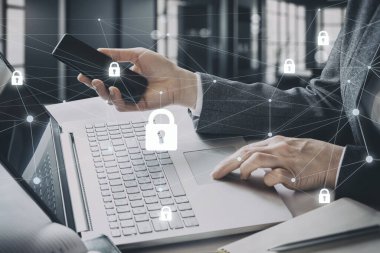 Ofis çalışmaları sırasında aygıtlarla veri koruması kavramı.