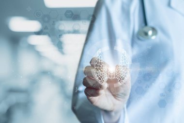 Tiroid beziyle ilgili hastalıkların tedavisine yaklaşın. Doktor sanal ekranda tiroit beziyle çalışıyor..