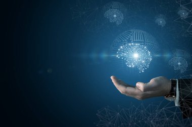 Bir iş adamının eli mavi arka plandaki yapay zekayı destekler..