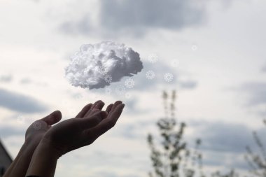 Yapay zeka ve veri bulutu kullanarak beyin fırtınası teknolojisi desteği kavramı.