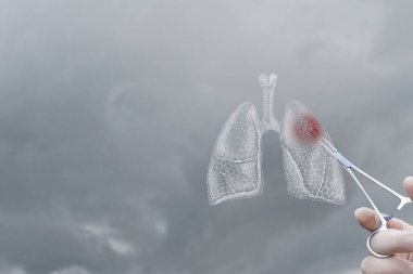 Bir insan, akciğerlerin holografik gösterimiyle etkileşime girmek için cerrahi makas tutar..
