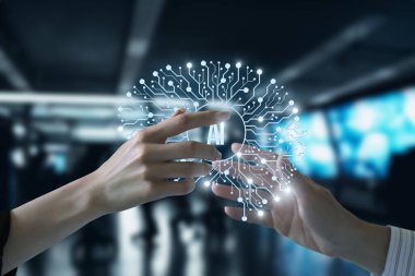 İki el, modern teknoloji ortamında karmaşık dijital devrelerle çevrili yapay zekanın parlayan bir sembolüne uzanıyor. Ayarlar yenilik ve işbirliği öneriyor.