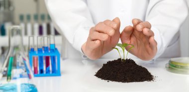 Eller topraktan çıkan genç bir bitkiyi korur, biyoteknoloji ve çevresel bakımın karışımını sembolize eder. Bu araştırma gelecek nesiller için sürdürülebilir bir gelecek sağlamayı amaçlıyor..