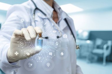 Bir klinisyen genetik analiz ve sağlık denetimini temsil eden dijital simgelerle çevriliyken bir numune içeren bir şişe bulundurur. Bu durum, modern DNA test tekniklerini sağlık hizmetlerinde yansıtır.