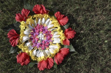 Güzel Rangoli çiçekleri de aarti thali olarak kullanılır. Pooja thaali 'de süslenir.