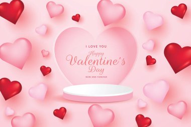 Beyaz kenarlı pembe silindirik podyum ya da kalp pencereli podyum. Ve seni şimdi ve sonsuza dek sevdiğim kelimeler. Bir sürü kalple dolu pembe bir arka planda Sevgililer Günü tebrik kartı.