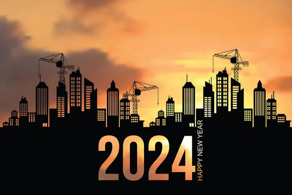 Black Silhouette Construction Crane Bright Morning Sky Prepare Welcome Year — Stock Vector