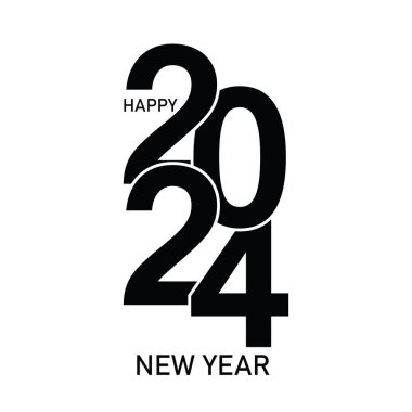 Mutlu yıllar 2024 metin tasarımı. Broşür tasarım şablonu, kart, afiş için. Vektör çizimi. Beyaz arkaplanda izole.