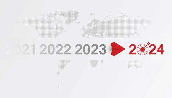 红色飞机飞行至2024年 红色平面朝向目标 2024标识图标 新年标识 2024日历设计元素雅致对比数字布局 — 图库矢量图片