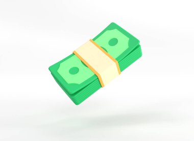 Minimalist bir çizgi film tarzında üç boyutlu para tomarı. Yeşil banknotlar beyaz arka planda izole edildi. İş ve finansal yatırım kavramı. 3d resimleme.