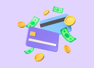 Çizgi film tarzında düşen resimlerde 3D kredi kartı, altın sikke ve yeşil banknotlar. Nakitsiz ödeme ya da temassız ödeme kavramı, kredi işlemleri. 3d oluşturma