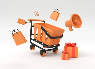 3D alışveriş arabası, hediye kutuları, alışveriş torbaları ve hoparlör. Satışlı bir reklam afişi tasarlamak için gerekli unsurlar. 3d oluşturma.