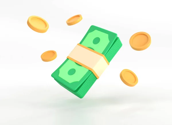 3D以简约的卡通风格飞行着大量的金钱和金币 在白色背景上隔离的绿色钞票 商业和金融投资概念 3D渲染说明 — 图库照片