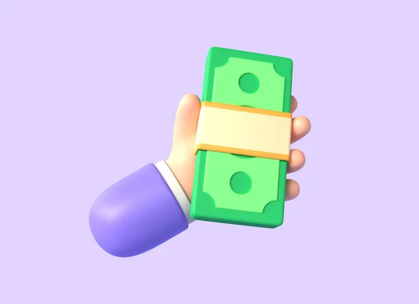3D卡通角色手持着紫色背景的钞票 节省了钱 在线支付和支付的概念 3D渲染说明 — 图库照片