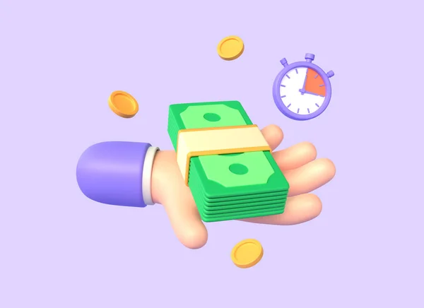 3D堆绿色钞票 金币和一个秒表在角色的手中 财务决定 短期贷款 商业和金融 3D渲染说明 — 图库照片