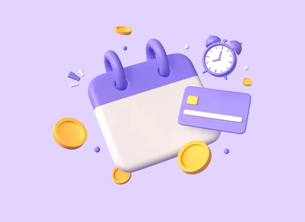 3D飞行日历 信用卡和卡通风格的金币 及时支付税款或贷款的概念 在紫色背景上孤立的图解 3D渲染 — 图库照片