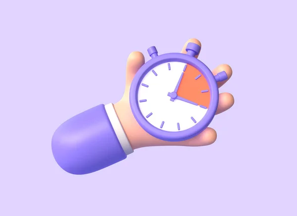 3D人物手持秒表插图以简约的卡通风格 定时器紫色背景 3D渲染 — 图库照片