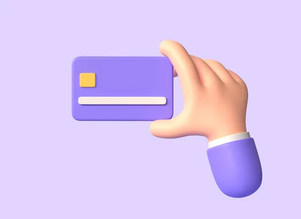 3d character hand holding a credit card illustration in cartoon style. the concept of cashless or contactless payment. 3d rendering