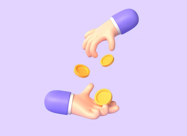 3D卡通人物手拿着金币来来去去 支付或购买的概念 商业应用程序 在紫色背景上孤立的图解 3D渲染 — 图库照片