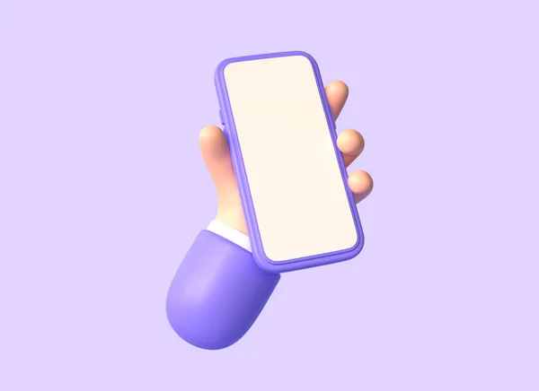 Mão Segurando Telefone Celular Com Uma Tela Branco Estilo Cartoon — Fotografia de Stock