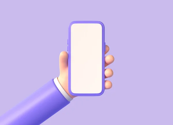Hand Holding Mobile Phone Blank Screen Cartoon Style Smartphone Mockup — Stock Photo, Image