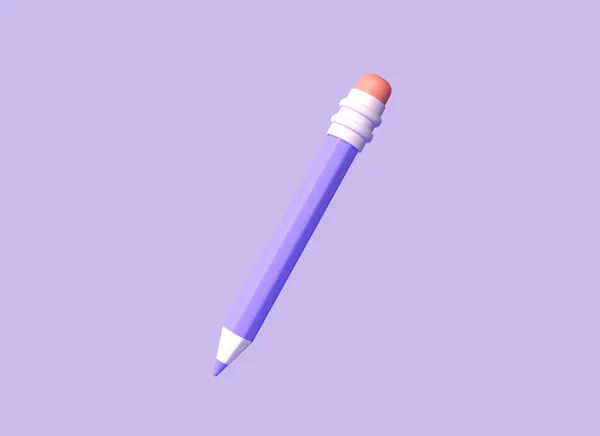3D紫色铅笔 红色橡皮筋 卡通风格 用于绘图的文具工具 在紫色背景上孤立的图解 3D渲染 — 图库照片