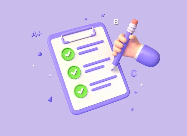 3d clipboard with completed task list, pencil and green check mark. Checklist with answers. test or exam concept. illustration isolated on purple background. 3d rendering