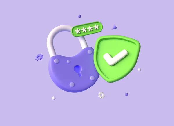 Lock Shield Checkmark Password Box Cartoon Style Концепция Безопасности Сильная — стоковое фото
