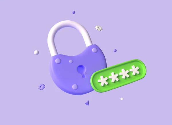 3D锁和密码的卡通风格 互联网和社交网络上的安全或有力保护的概念 在紫色背景上孤立的图解 3D渲染 — 图库照片