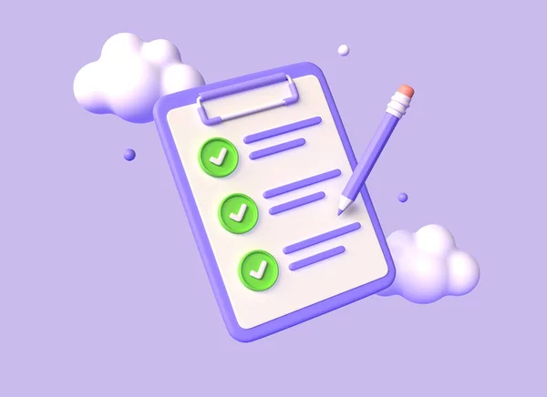3D clipboard with completed task list, pencil and green checkmark. Checklist with successfully completed business tasks. Project plan document. illustration isolated on purple background. 3d rendering
