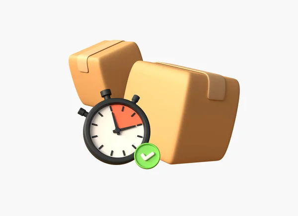 Cardboard Boxes Stopwatch Green Tick Cartoon Style Fast Delivery Concept — Stock Photo, Image
