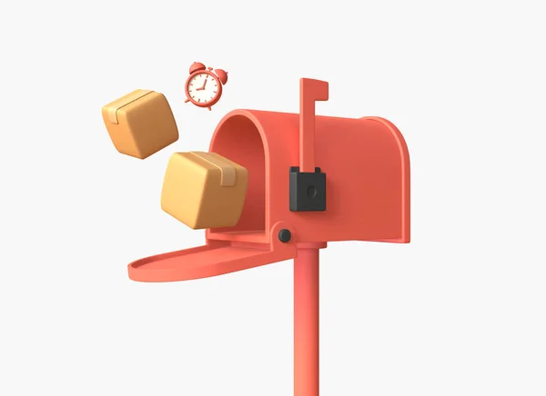 Kartons Briefkasten Und Wecker Cartoon Stil Schnelle Lieferung Konzept Logistik — Stockfoto