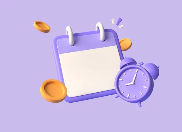 3D日历和装有金币的闹钟四处都是 提醒人们及时支付服务费的概念 在紫色背景上孤立的写实主义风格的插图 — 图库照片