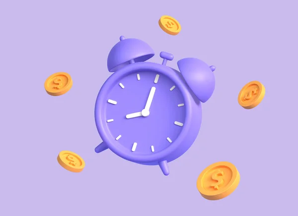 現実的なスタイルで3D目覚まし時計と金のコイン お金の投資の概念 ローン 収入と貯蓄 速いお金 3Dレンダリング — ストック写真