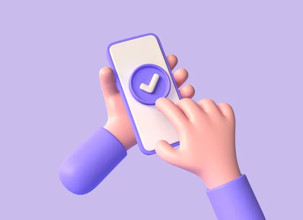 3D手握着一部手机 并在智能手机的屏幕上打上一个卡通风格的检查标志 角色的手指 完成任务或达到目标的概念 3D渲染 — 图库照片